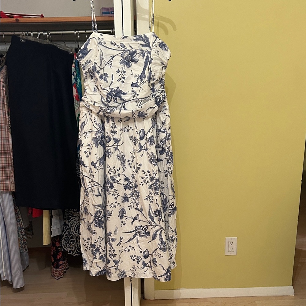 LOFT Strapless Dress in Cream with Navy Floral Pattern, cotton